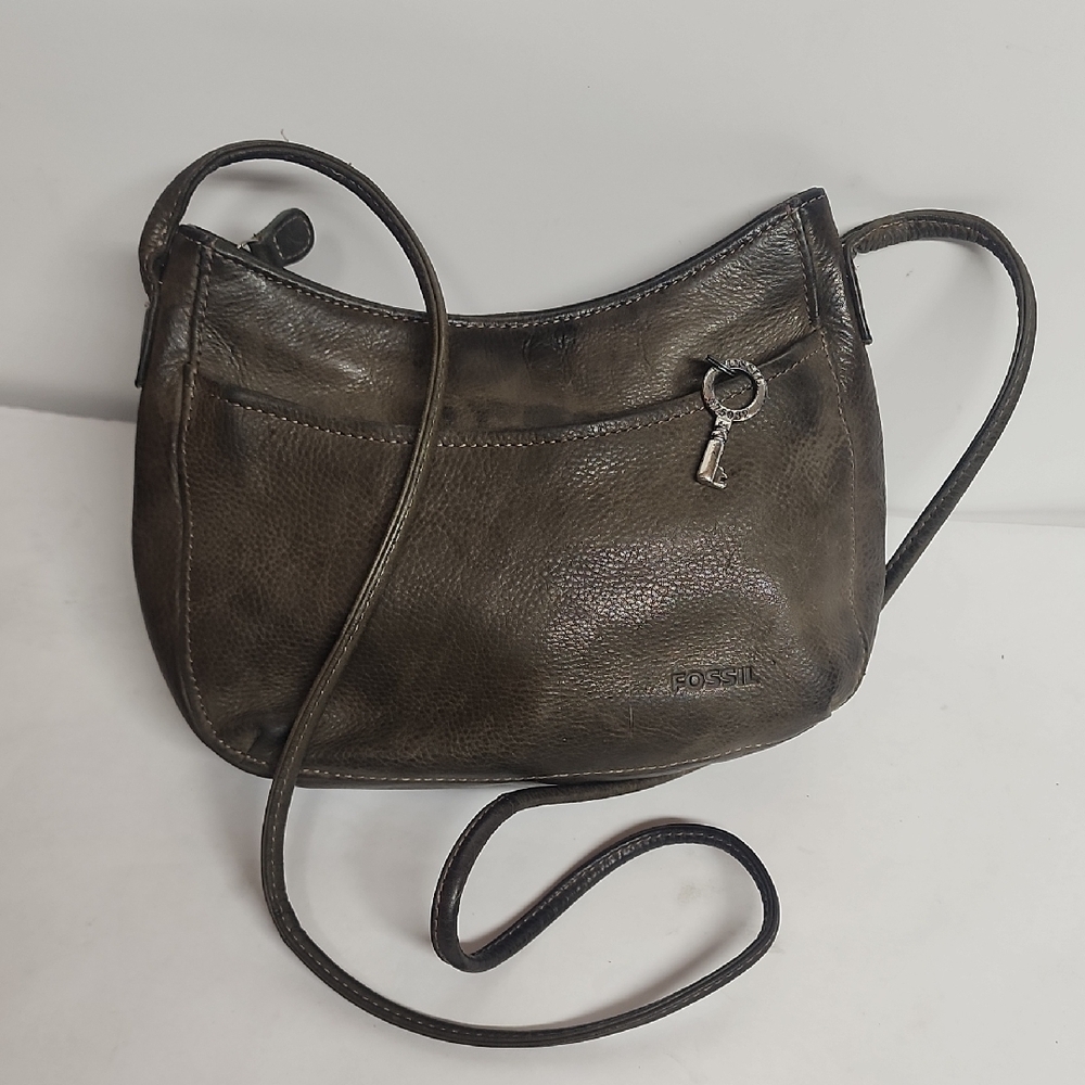 Fossil Vintage Dark Olive Leather Crossbody Saddlebag With key Minimalist